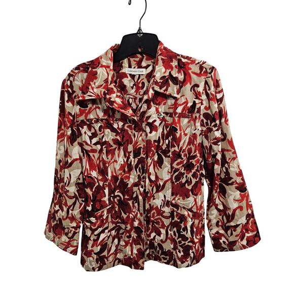Coldwater Creek Womens Floral Linen Blend Lightweight Shirt Red Tan Snap Size M - Picture 1 of 5